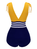 Yellow & Blue 1950s Striped Lace-Up Swimsuit