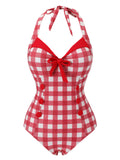 Red 1950s Plaids Added Bowknot Swimsuit