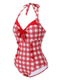 Red 1950s Plaids Added Bowknot Swimsuit