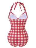 Red 1950s Plaids Added Bowknot Swimsuit