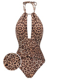 [US Warehouse] Brown 1930s Leopard V-Neck Halter Swimsuit