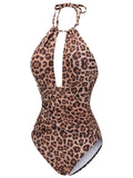 [US Warehouse] Brown 1930s Leopard V-Neck Halter Swimsuit