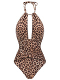 [US Warehouse] Brown 1930s Leopard V-Neck Halter Swimsuit
