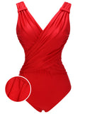 Red 1940s V-Neck Solid One-piece Swimsuit