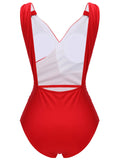 Red 1940s V-Neck Solid One-piece Swimsuit