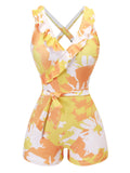 Yellow 1940s Painting Plants Lace-Up Swimsuit