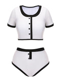 Blue 1940s Patchwork Buttoned Swimsuit