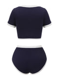 Blue 1940s Patchwork Buttoned Swimsuit