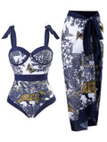 Blue 1940s Floral Halter One-Piece Swimsuit & Cover-up