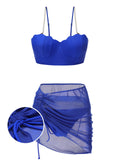 Blue 1940s Solid Spaghetti Strap Swimsuit With Pearl