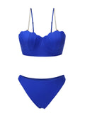 Blue 1940s Solid Spaghetti Strap Swimsuit With Pearl