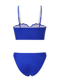 Blue 1940s Solid Spaghetti Strap Swimsuit With Pearl