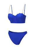 Blue 1940s Solid Spaghetti Strap Swimsuit With Pearl