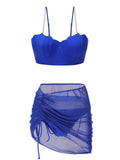 Blue 1940s Solid Spaghetti Strap Swimsuit With Pearl