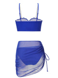 Blue 1940s Solid Spaghetti Strap Swimsuit With Pearl