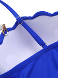 Blue 1940s Solid Spaghetti Strap Swimsuit With Pearl