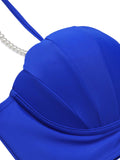 Blue 1940s Solid Spaghetti Strap Swimsuit With Pearl