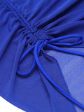 Blue 1940s Solid Spaghetti Strap Swimsuit With Pearl