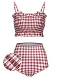Red 1940s Plaid Strap Ruffle Swimsuit