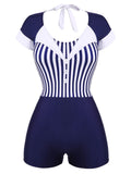 Navy Blue 1930s Stripe Patchwork Swimsuit