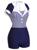 [US Warehouse] Navy Blue 1930s Stripe Patchwork Swimsuit