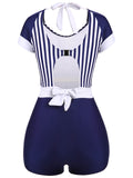 [US Warehouse] Navy Blue 1930s Stripe Patchwork Swimsuit