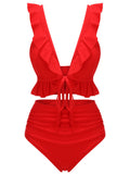 Red 1950s Solid Ruffled V-neck Straps Swimsuit