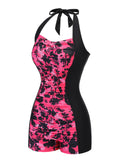 Black & Pink 1950s Floral Halter Swimsuit