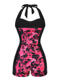 Black & Pink 1950s Floral Halter Swimsuit