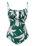 1960s Green Leaf Sleeveless Camisole Strap Swimsuit