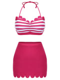[US Warehouse] Rose Pink 1940s Stripes Halter Bikini Set
