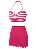 [US Warehouse] Rose Pink 1940s Stripes Halter Bikini Set