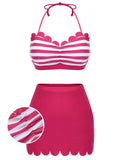 [US Warehouse] Rose Pink 1940s Stripes Halter Bikini Set