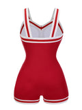 Red 1940s Solid Patchwork V-Neck Swimsuit