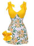 Yellow 1940s Floral Patchwork One-Piece Swimsuit