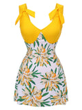 Yellow 1940s Floral Patchwork One-Piece Swimsuit