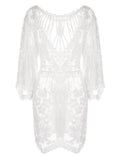 White V-Neck Embroidered Lace Cover-up