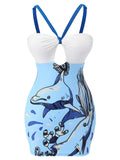 Blue 1940s Dolphin Halter One-piece Swimsuit