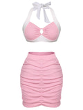 Pink 1940s Patchwork Lace-Up Halter Swimsuit