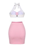 Pink 1940s Patchwork Lace-Up Halter Swimsuit