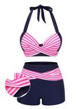 Pink & Blue 1950s Striped Halter Swimsuit