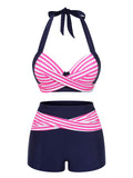 Pink & Blue 1950s Striped Halter Swimsuit