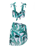 3PCS Green 1960s Strap Chiffon Bikini Set
