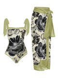 1950s Ink Floral Halter One-Piece Swimsuit