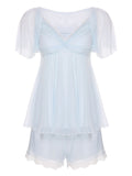 2PCS Light Blue 1940s Knot Lace Sleepwear