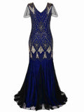 [Clearance] Blue 1920s Sequined Maxi Flapper Dress-US Warehouse