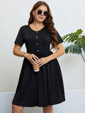 [Plus Size] Black 1950s Fabric Button Solid Dress