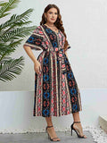 [Plus Size] 1950s V-Neck Geometric Tie Waist Dress