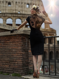 Black 1960s Butterfly Backless Pencil Dress